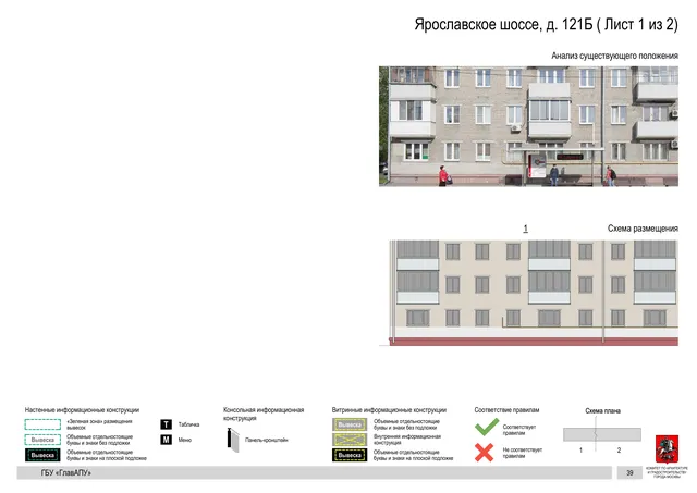 Архитектурная концепция размещения вывесок — Ярославское шоссе, 121Б, Москва, лист 1 из 2 · Документ по адресу · Архитектурно-художественная концепция · 2020 год