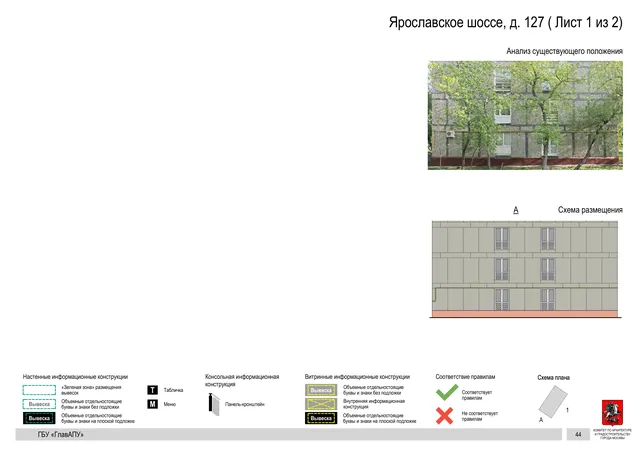 Архитектурная концепция размещения вывесок — Ярославское шоссе, 127, Москва, лист 1 из 2 · Документ по адресу · Архитектурно-художественная концепция · 2020 год