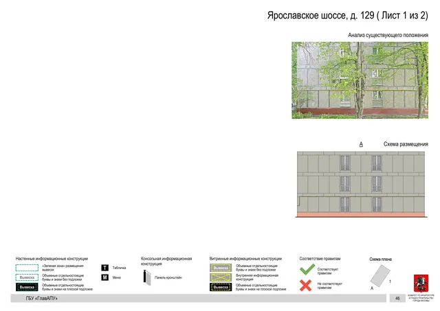Архитектурная концепция размещения вывесок — Ярославское шоссе, 129, Москва, лист 1 из 2 · Документ по адресу · Архитектурно-художественная концепция · 2020 год