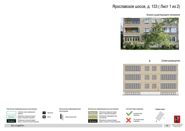 Архитектурная концепция размещения вывесок — Ярославское шоссе, 133, Москва, лист 1 из 2 · Документ по адресу · Архитектурно-художественная концепция · 2020 год