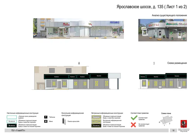 Архитектурная концепция размещения вывесок — Ярославское шоссе, 135, Москва, лист 1 из 2 · Документ по адресу · Архитектурно-художественная концепция · 2020 год