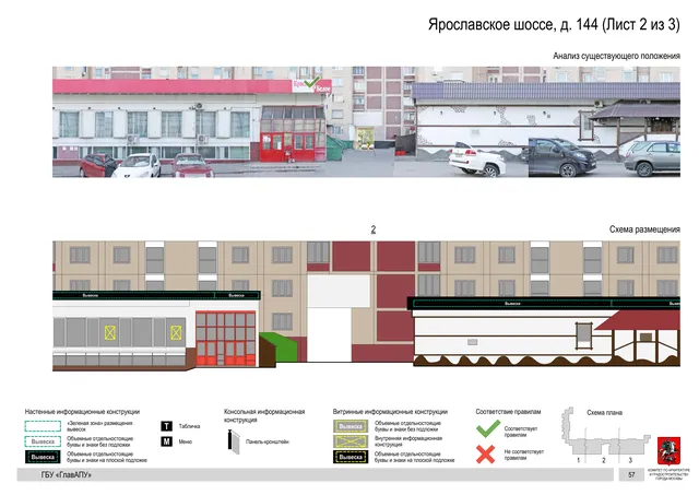 Архитектурная концепция размещения вывесок — Ярославское шоссе, 144, Москва, лист 2 из 3 · Документ по адресу · Архитектурно-художественная концепция · 2020 год