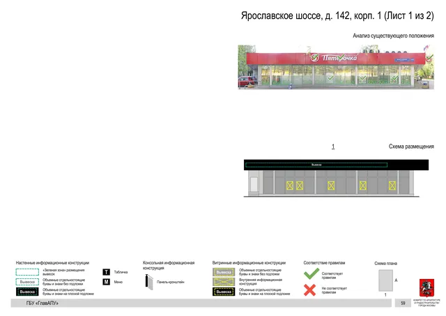 Архитектурная концепция размещения вывесок — Ярославское шоссе, 142, корп. 1, Москва, лист 1 из 2 · Документ по адресу · Архитектурно-художественная концепция · 2020 год