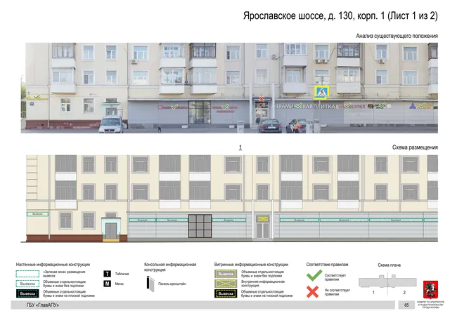 Архитектурная концепция размещения вывесок — Ярославское шоссе, 130, корп. 1, Москва, лист 1 из 2 · Документ по адресу · Архитектурно-художественная концепция · 2020 год