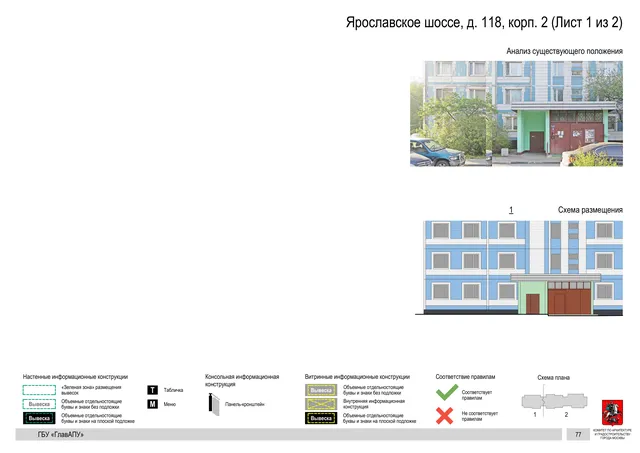 Архитектурная концепция размещения вывесок — Ярославское шоссе, 118, корп. 2, Москва, лист 1 из 2 · Документ по адресу · Архитектурно-художественная концепция · 2020 год