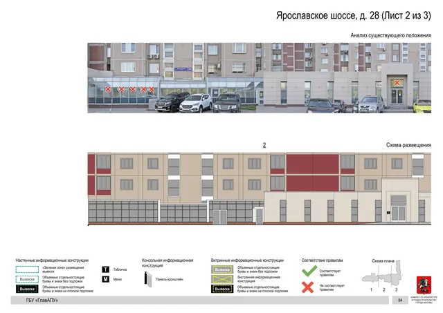 Архитектурная концепция размещения вывесок — Ярославское шоссе, 28, Москва, лист 2 из 3 · Документ по адресу · Архитектурно-художественная концепция · 2020 год
