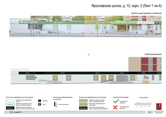 Архитектурная концепция размещения вывесок — Ярославское шоссе, 12, корп. 2, Москва, лист 1 из 4 · Документ по адресу · Архитектурно-художественная концепция · 2020 год