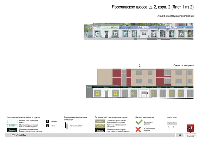 Архитектурная концепция размещения вывесок — Ярославское шоссе, 2, корп. 2, Москва, лист 1 из 2 · Документ по адресу · Архитектурно-художественная концепция · 2020 год