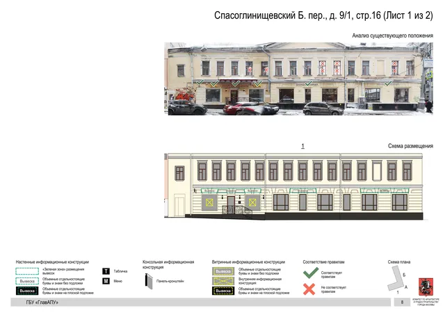 Архитектурная концепция размещения вывесок — Большой спасоглинищевский переулок, 9/1, стр. 16, Москва, лист 1 из 2 · Документ по адресу · Архитектурно-художественная концепция