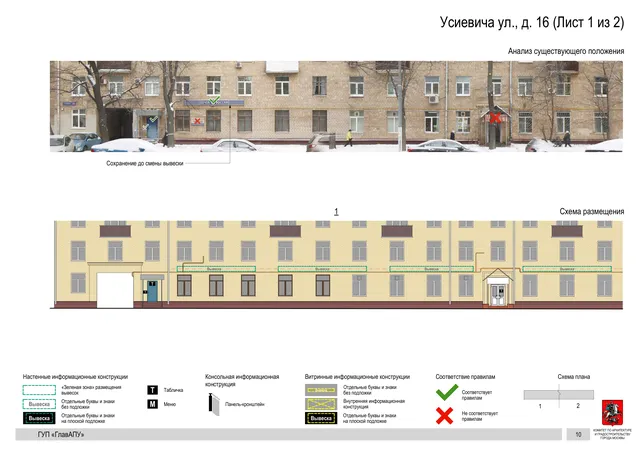 Архитектурная концепция размещения вывесок — Усиевича улица, 16, Москва, лист 1 из 2 · Документ по адресу · Архитектурно-художественная концепция · 2016 год