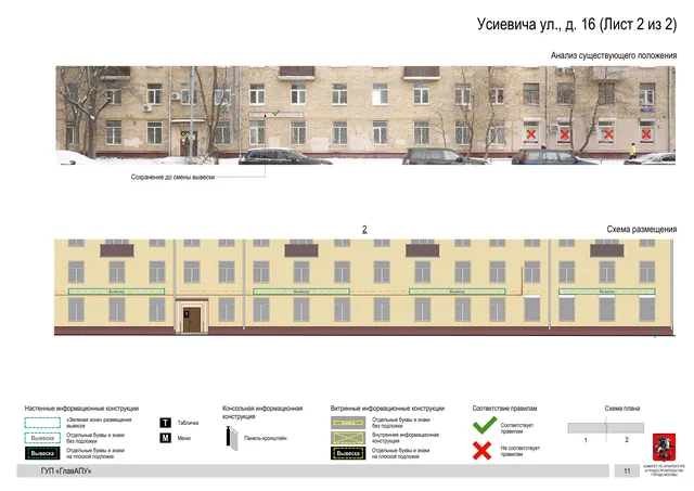 Архитектурная концепция размещения вывесок — Усиевича улица, 16, Москва, лист 2 из 2 · Документ по адресу · Архитектурно-художественная концепция · 2016 год