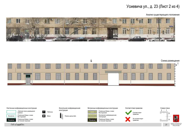 Архитектурная концепция размещения вывесок — Усиевича улица, 23, Москва, лист 2 из 4 · Документ по адресу · Архитектурно-художественная концепция · 2016 год