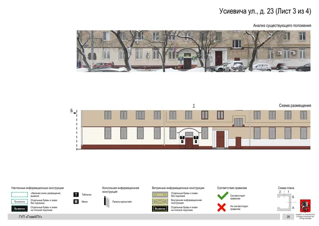 Архитектурная концепция размещения вывесок — Усиевича улица, 23, Москва, лист 3 из 4 · Документ по адресу · Архитектурно-художественная концепция · 2016 год