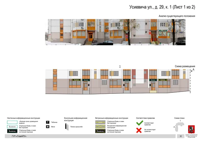Архитектурная концепция размещения вывесок — Усиевича улица, 29, корп. 1, Москва, лист 1 из 2 · Документ по адресу · Архитектурно-художественная концепция · 2016 год