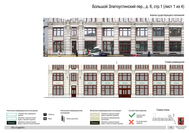 Архитектурная концепция размещения вывесок — Большой златоустинский переулок, 6, стр. 1, Москва, лист 1 из 4 · Документ по адресу · Архитектурно-художественная концепция