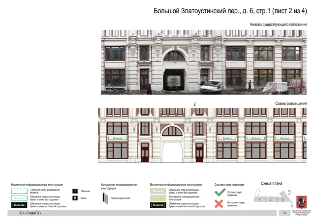 Архитектурная концепция размещения вывесок — Большой златоустинский переулок, 6, стр. 1, Москва, лист 2 из 4 · Документ по адресу · Архитектурно-художественная концепция