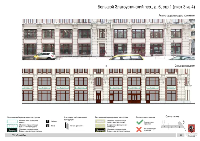 Архитектурная концепция размещения вывесок — Большой златоустинский переулок, 6, стр. 1, Москва, лист 3 из 4 · Документ по адресу · Архитектурно-художественная концепция