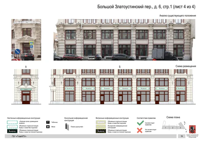 Архитектурная концепция размещения вывесок — Большой златоустинский переулок, 6, стр. 1, Москва, лист 4 из 4 · Документ по адресу · Архитектурно-художественная концепция