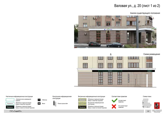 Архитектурная концепция размещения вывесок — Валовая улица, 20, Москва, лист 1 из 2 · Документ по адресу · Архитектурно-художественная концепция