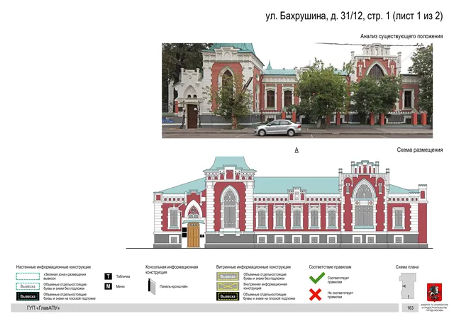 Архитектурная концепция размещения вывесок — Бахрушина улица, 31/12, стр. 1, Москва, лист 1 из 2 · Документ по адресу · Архитектурно-художественная концепция