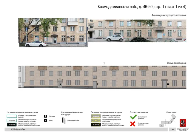 Архитектурная концепция размещения вывесок — Космодамианская набережная, 46-50, стр. 1, Москва, лист 1 из 4 · Документ по адресу · Архитектурно-художественная концепция