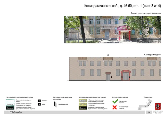 Архитектурная концепция размещения вывесок — Космодамианская набережная, 46-50, стр. 1, Москва, лист 3 из 4 · Документ по адресу · Архитектурно-художественная концепция