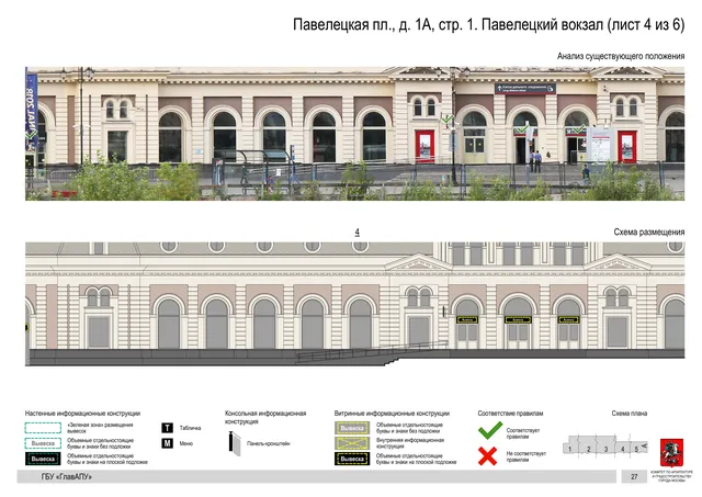 Архитектурная концепция размещения вывесок — Павелецкая площадь, 1А, стр. 1, Москва, лист 4 из 6 · Документ по адресу · Архитектурно-художественная концепция