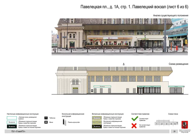 Архитектурная концепция размещения вывесок — Павелецкая площадь, 1А, стр. 1, Москва, лист 6 из 6 · Документ по адресу · Архитектурно-художественная концепция