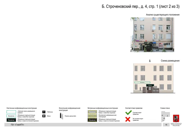 Б. Строченовский пер., д. 4, стр. 1 (лист 2 из 3) · PDF 47 Архитектурная концепция размещения вывесок — Б строченовский переулок, 4, стр. 1, Москва, лист 2 из 3 · Документ по адресу · Архитектурно-художественная концепция
