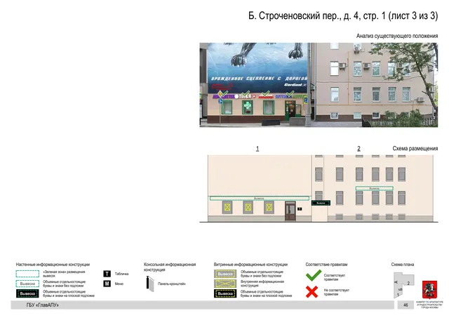 Б. Строченовский пер., д. 4, стр. 1 (лист 3 из 3) · PDF 48 Архитектурная концепция размещения вывесок — Б строченовский переулок, 4, стр. 1, Москва, лист 3 из 3 · Документ по адресу · Архитектурно-художественная концепция