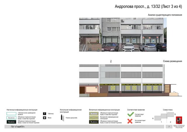 Архитектурная концепция размещения вывесок — Андропова проспект, 13/32, Москва, лист 3 из 4 · Документ по адресу · Архитектурно-художественная концепция · 2020 год