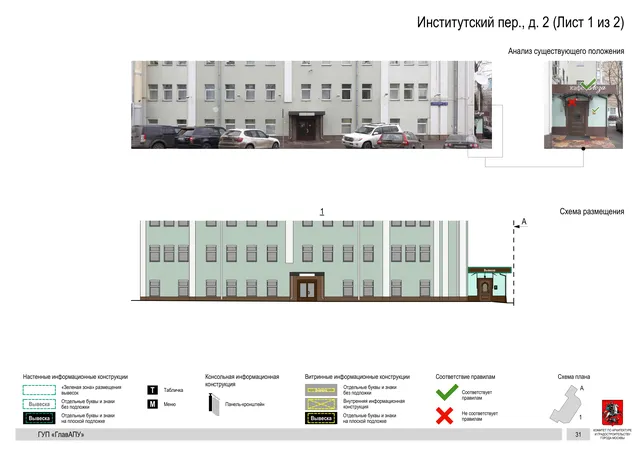 Архитектурная концепция размещения вывесок — Институтский переулок, 2, Москва, лист 1 из 2 · Документ по адресу · Архитектурно-художественная концепция