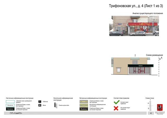 Архитектурная концепция размещения вывесок — Трифоновская улица, 4, Москва, лист 1 из 3 · Документ по адресу · Архитектурно-художественная концепция