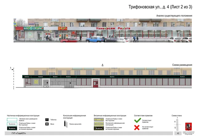 Архитектурная концепция размещения вывесок — Трифоновская улица, 4, Москва, лист 2 из 3 · Документ по адресу · Архитектурно-художественная концепция