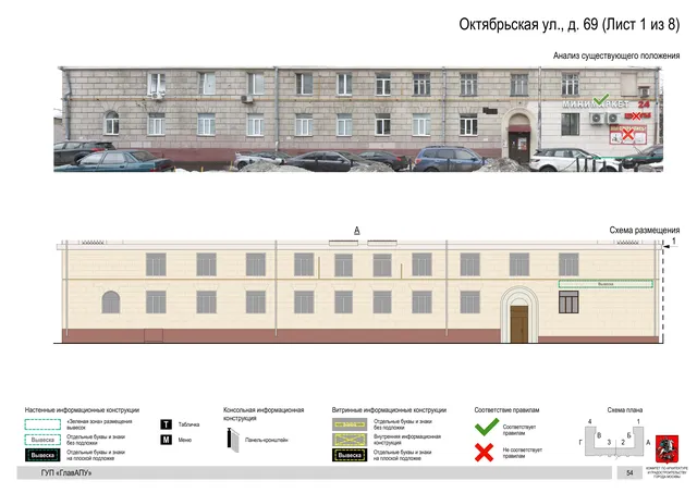 Архитектурная концепция размещения вывесок — Октябрьская улица, 69, Москва, лист 1 из 8 · Документ по адресу · Архитектурно-художественная концепция