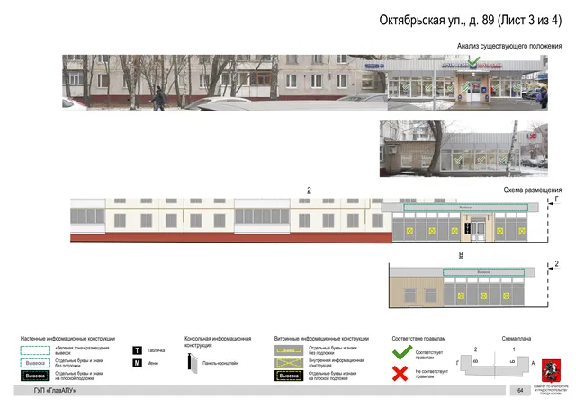 Архитектурная концепция размещения вывесок — Октябрьская улица, 89, Москва, лист 3 из 4 · Документ по адресу · Архитектурно-художественная концепция