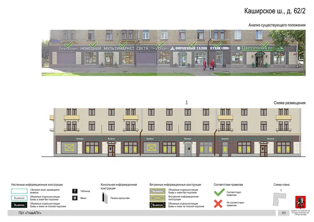 Архитектурная концепция размещения вывесок — Каширское шоссе, 62/2, Москва, страница PDF 123 · Документ по адресу · Архитектурно-художественная концепция · 2020 год