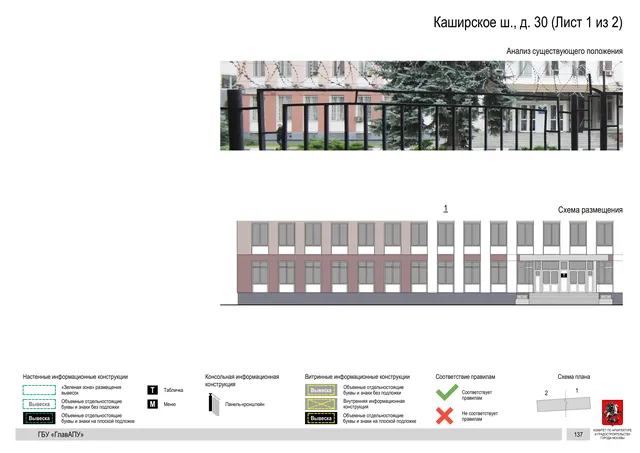 Архитектурная концепция размещения вывесок — Каширское шоссе, 30, Москва, лист 1 из 2 · Документ по адресу · Архитектурно-художественная концепция · 2020 год