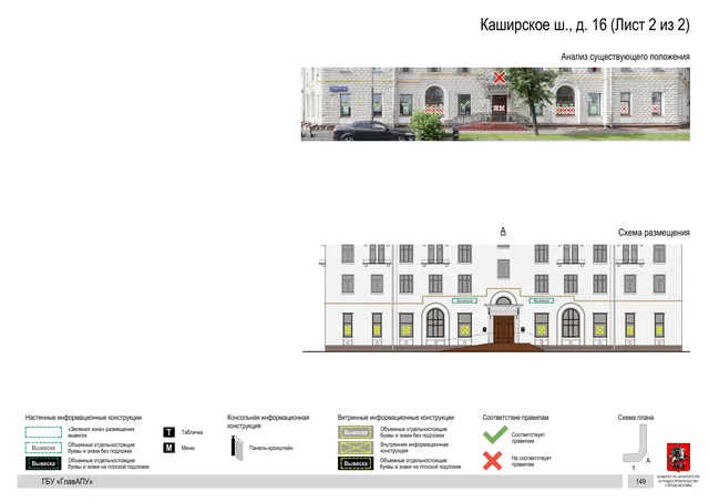 Архитектурная концепция размещения вывесок — Каширское шоссе, 16, Москва, лист 2 из 2 · Документ по адресу · Архитектурно-художественная концепция · 2020 год