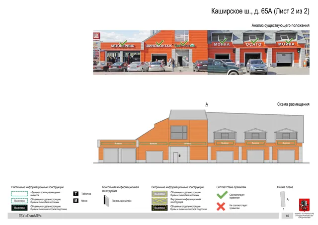 Архитектурная концепция размещения вывесок — Каширское шоссе, 65А, Москва, лист 2 из 2 · Документ по адресу · Архитектурно-художественная концепция · 2020 год
