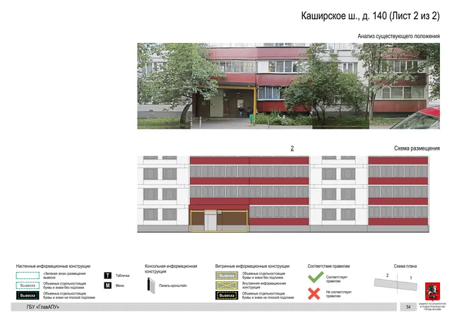 Архитектурная концепция размещения вывесок — Каширское шоссе, 140, Москва, лист 2 из 2 · Документ по адресу · Архитектурно-художественная концепция · 2020 год