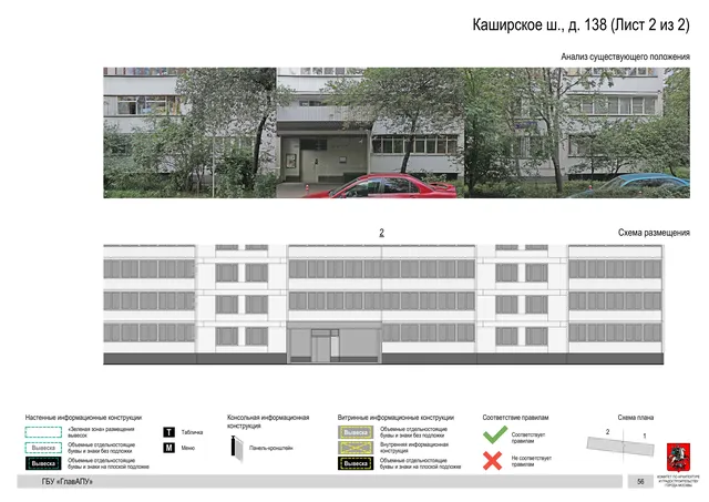 Архитектурная концепция размещения вывесок — Каширское шоссе, 138, Москва, лист 2 из 2 · Документ по адресу · Архитектурно-художественная концепция · 2020 год