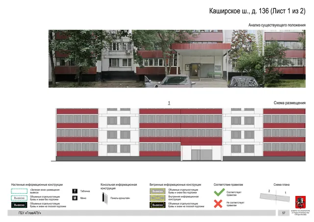 Архитектурная концепция размещения вывесок — Каширское шоссе, 136, Москва, лист 1 из 2 · Документ по адресу · Архитектурно-художественная концепция · 2020 год
