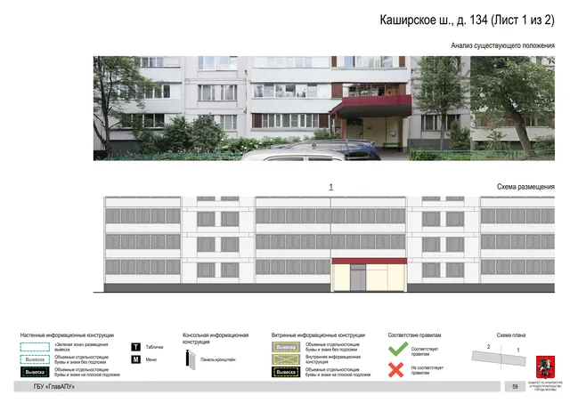Архитектурная концепция размещения вывесок — Каширское шоссе, 134, Москва, лист 1 из 2 · Документ по адресу · Архитектурно-художественная концепция · 2020 год