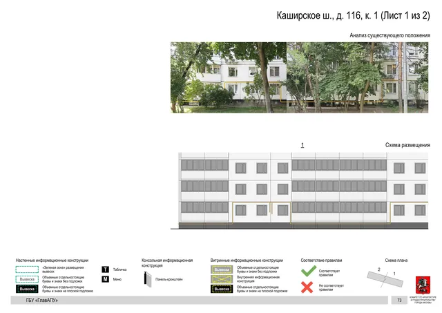 Архитектурная концепция размещения вывесок — Каширское шоссе, 116, корп. 1, Москва, лист 1 из 2 · Документ по адресу · Архитектурно-художественная концепция · 2020 год