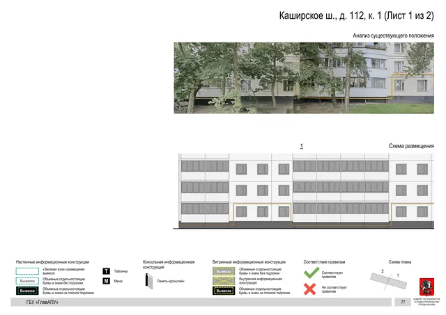 Архитектурная концепция размещения вывесок — Каширское шоссе, 112, корп. 1, Москва, лист 1 из 2 · Документ по адресу · Архитектурно-художественная концепция · 2020 год