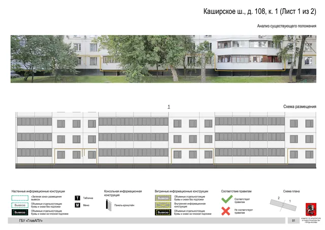 Архитектурная концепция размещения вывесок — Каширское шоссе, 108, корп. 1, Москва, лист 1 из 2 · Документ по адресу · Архитектурно-художественная концепция · 2020 год