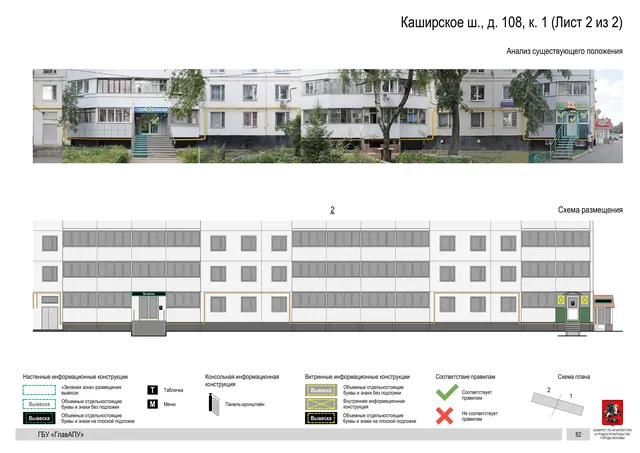 Архитектурная концепция размещения вывесок — Каширское шоссе, 108, корп. 1, Москва, лист 2 из 2 · Документ по адресу · Архитектурно-художественная концепция · 2020 год