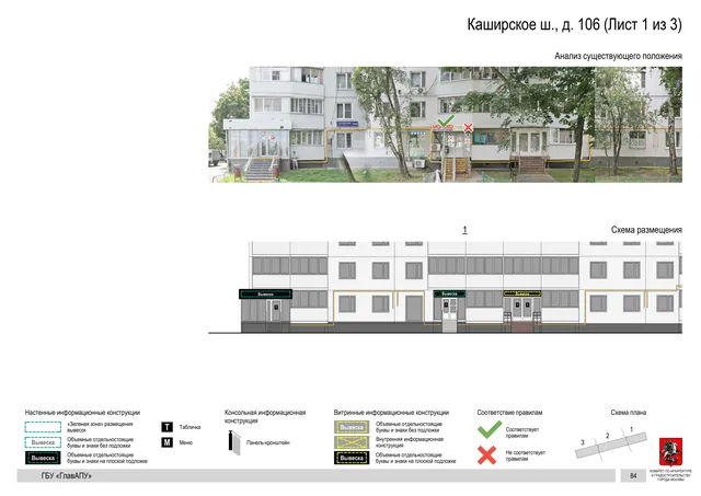 Архитектурная концепция размещения вывесок — Каширское шоссе, 106, Москва, лист 1 из 3 · Документ по адресу · Архитектурно-художественная концепция · 2020 год