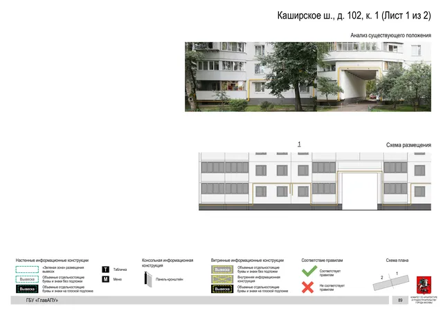Архитектурная концепция размещения вывесок — Каширское шоссе, 102, корп. 1, Москва, лист 1 из 2 · Документ по адресу · Архитектурно-художественная концепция · 2020 год
